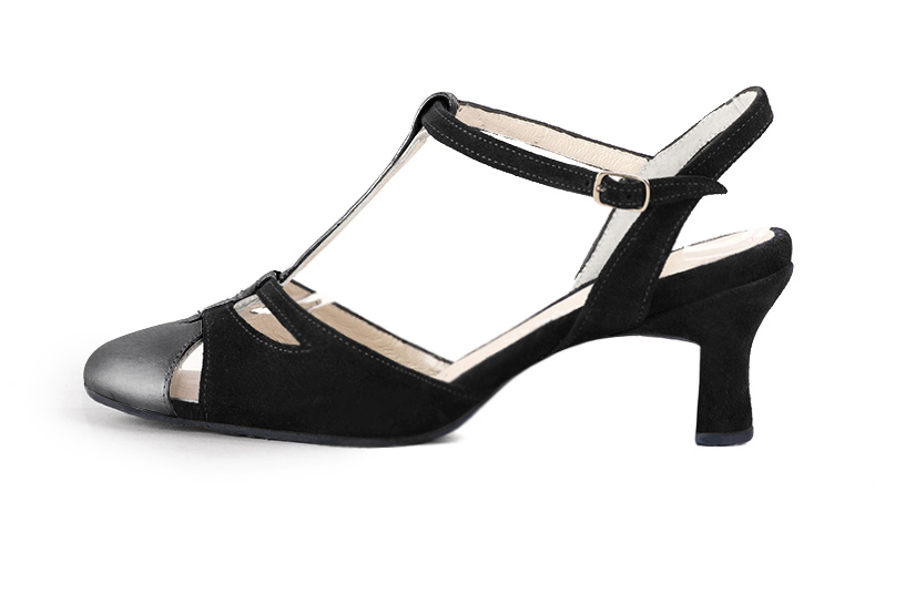 Dark silver and matt black women's open back T-strap shoes. Round toe. Medium spool heels. Profile view - Florence KOOIJMAN